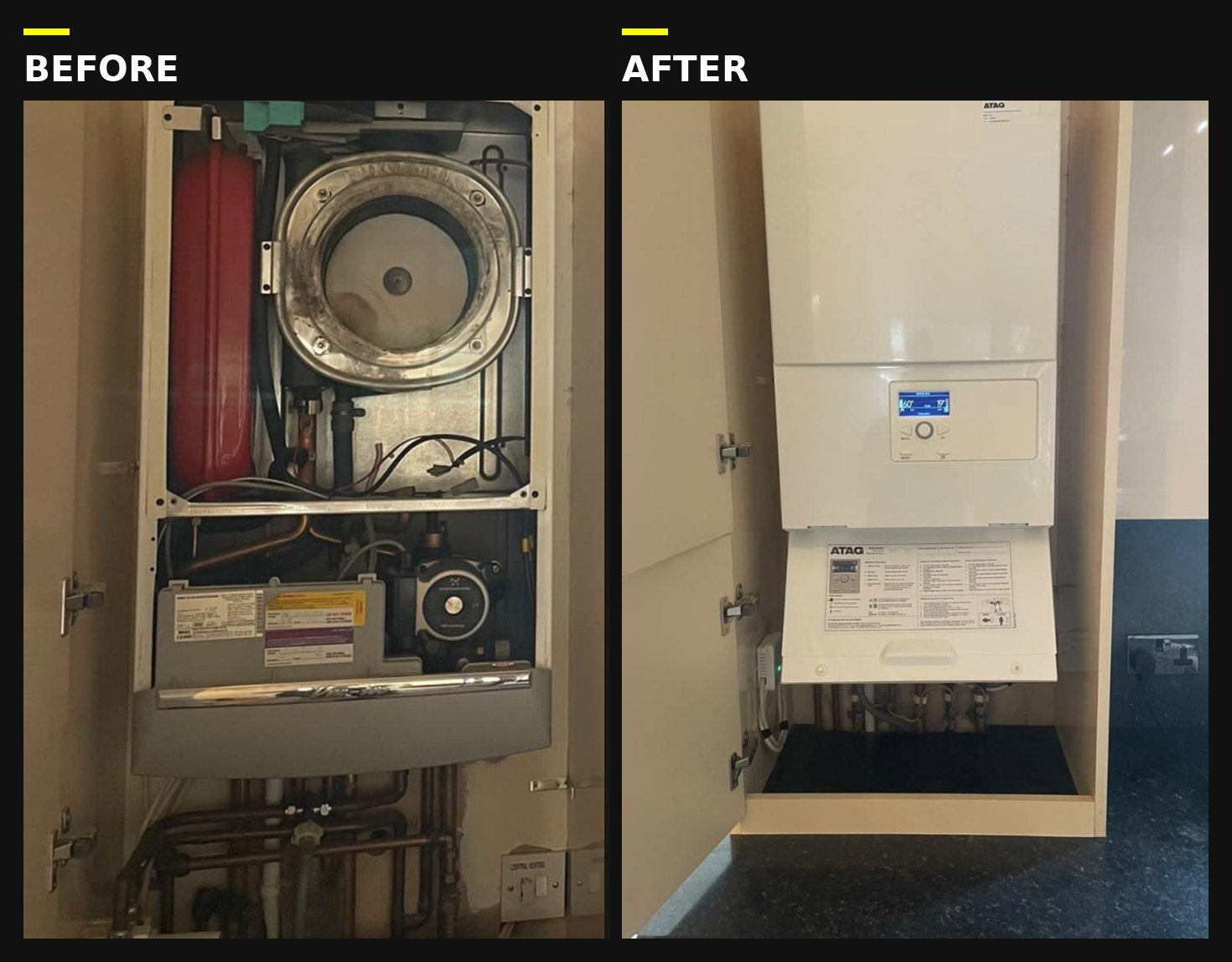 Old boiler replaced with a new ATAG installation in a kitchen cupboard